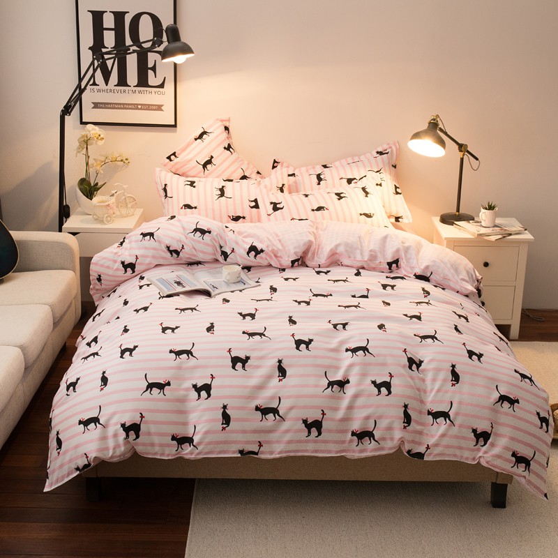 4pcs Bed Set Cat Print Duvet Cover Flat Sheet Pillowcase Zl No