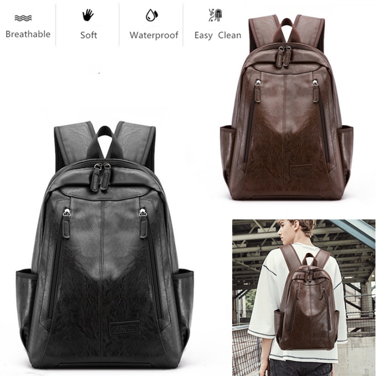 [Ready Stock] Korean Waterproof Leather Men Backpack casual student bag
