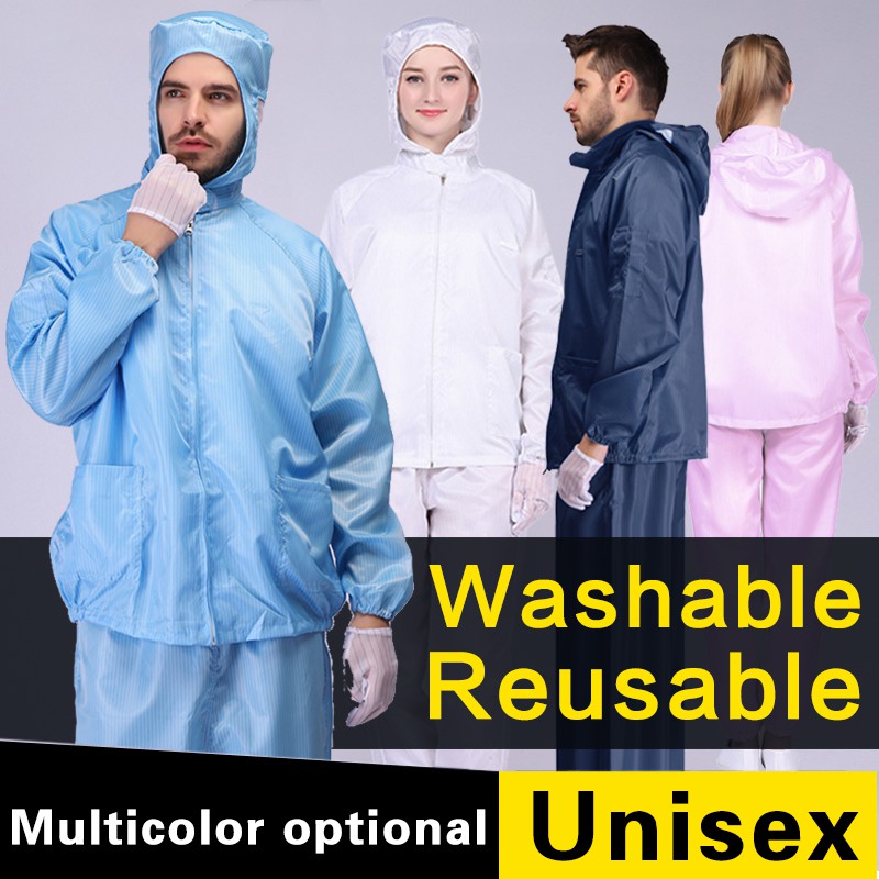 Clean room suit 2 in 1 Ppe Protective Suit Washable Antistatic Coverall Men Work Wear esd Baju Bengkel Working Overall Workshop Clothes Jacket Kerja and Pants Lab suit labour Worker Electronic Food Safety Factory Kilang Uniform Chemical Clothing