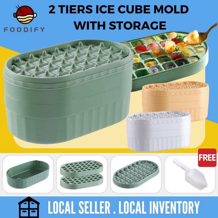 FREE ICE Shovel Ice Cube Maker Mold Tray with Lid 72 Grids Double Layer Bekas Menyimpan Ais Batu Storage Box 冰箱冰格模具冰盒