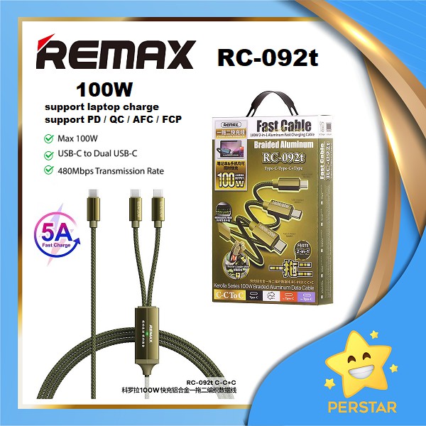 Remax RC-092T 100W 5A High Power Dual-Ports USB-C to USB-C Mobile Phone ...