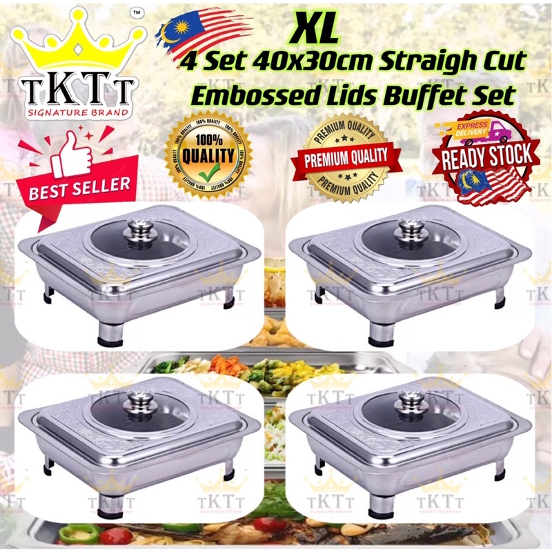 TKTT ™️ 4 Set 40x30 XL Embossed Stainless Steel Buffet Set Catering Serving Tray Food Pan Bekas Lauk Katering Serbaguna