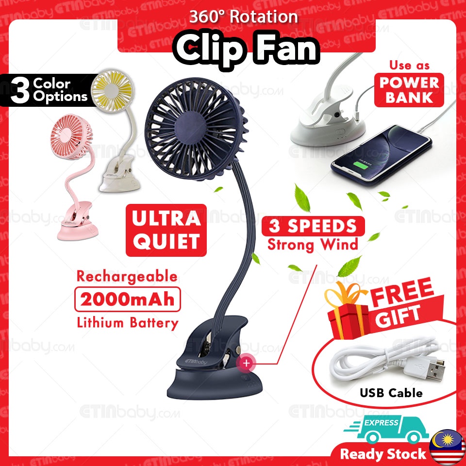 Stroller Fan 360 Degree Rotation USB Clip Fan USB Rechargeable Mini Fan Octopus Tripod Fan Power Bank 夹子风扇 Kipas Klip