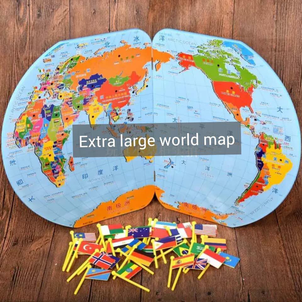 My Wooden World Map All4Kids] Wooden World Map With Flags 10122 | Shopee Malaysia