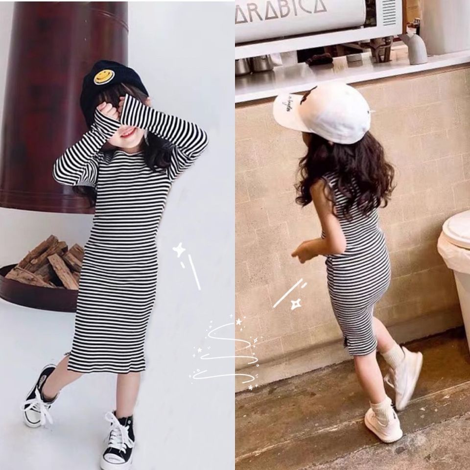 Kids Dress Girls' T-shirt Dress Slim Vest Skirt Black And White Striped Base Skirt Shirt Baby Girl Baju Budak Perempuan Baju Baby Girl Dress Baby Girl Girl Dress Baby Girl