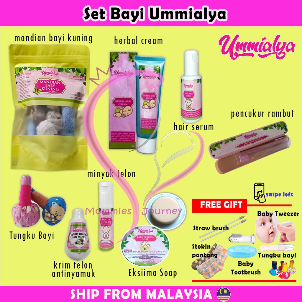 Set Bayi Ummialya Set Newborn Baby Mandian Bayi Kuning Baby Hair Serum Minyak Telon Herbal Cream Tungku Bayi