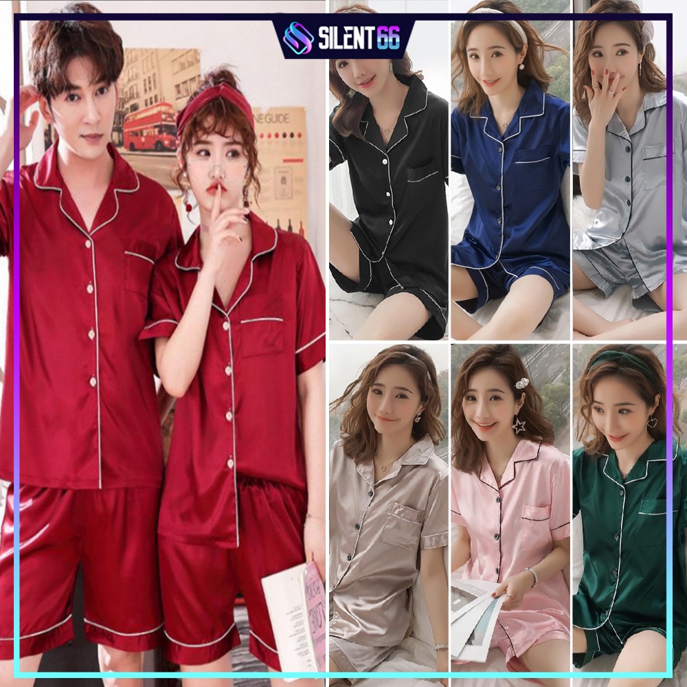 READY STOCK Short Sleeve Short Pant Couple Baju Tidur Perempuan Sexy Comfortable Silk Satin Sleepwear - MAIDEN