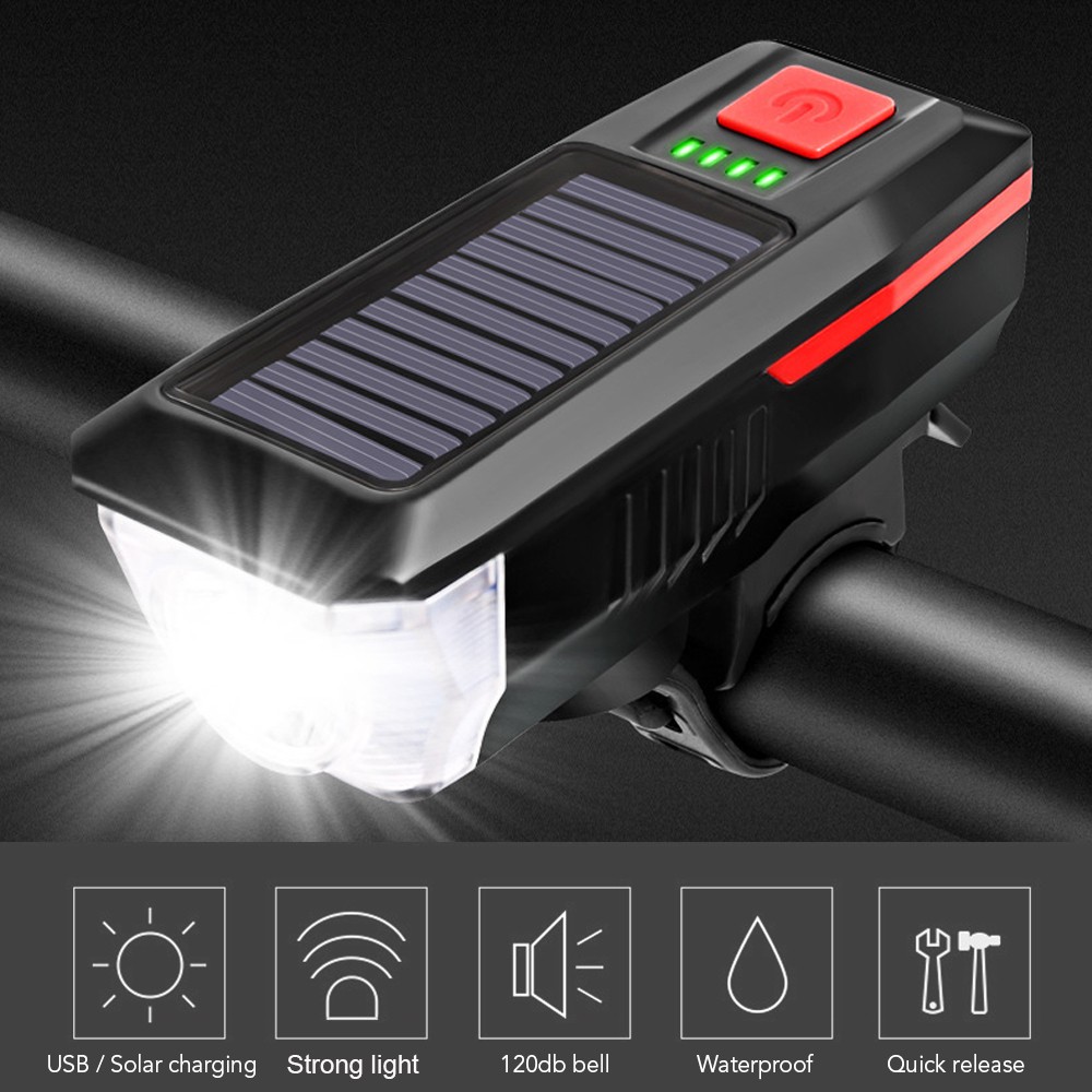 Solar / USB Charging Bike Light Bicycle Bell Horn Lamp Bike Flashlight Bike Front Light USB / Solar-Powered Rechargeable Waterproof Cycling Headlight with3 Lighting Modes 5 Sounds