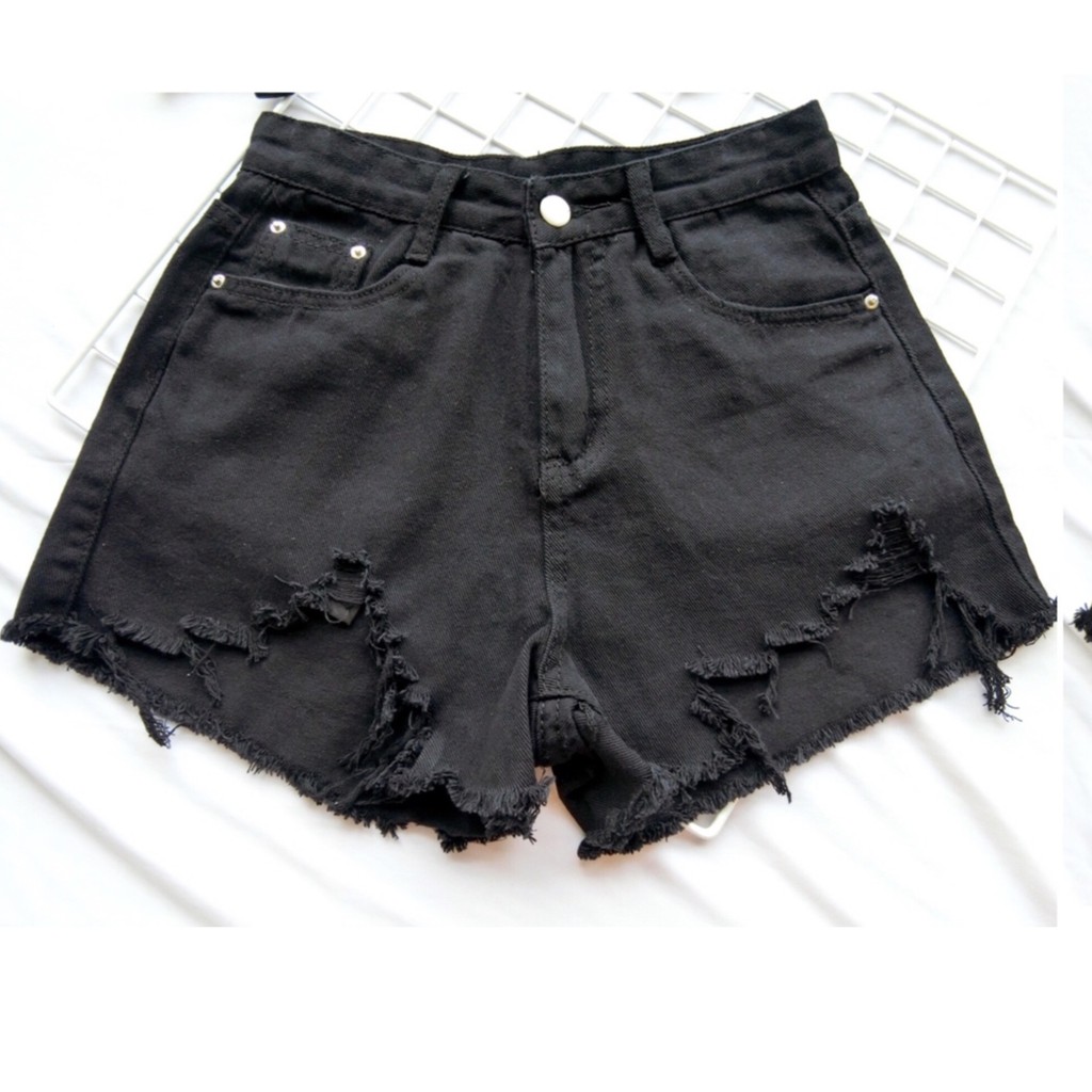 frayed black denim shorts