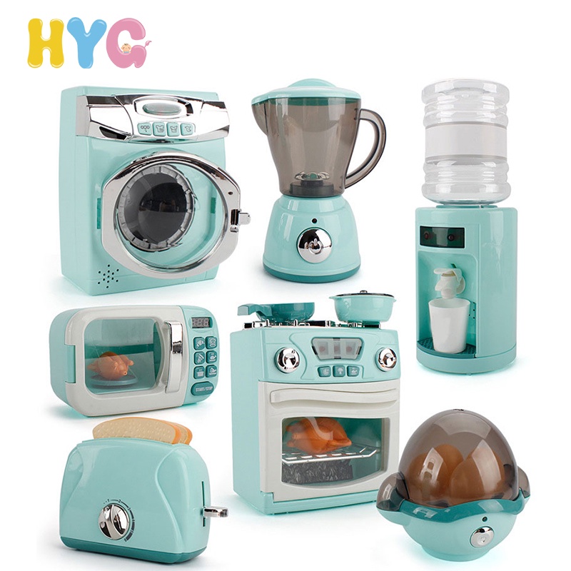 HYG Toys 7 Kinds Kitchen Toy New Children Pretend Play Toy Set Electric Microwave Oven Washing Machine Water Dispenser Egg Steamer Juicer Toaster For Kid