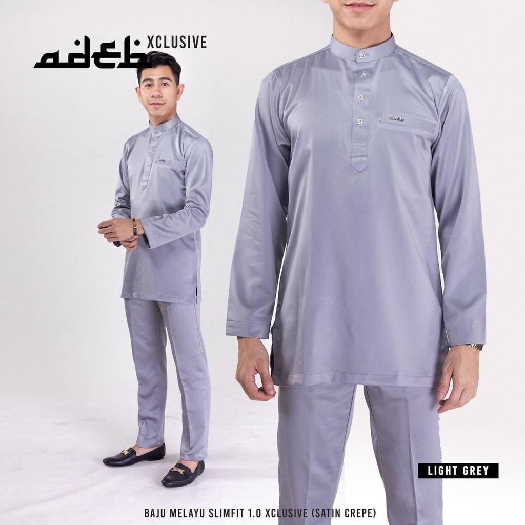  BAJU  MELAYU  SLIMFIT LIGHT  GREY  ADEB 1 0 SATIN CREPE 