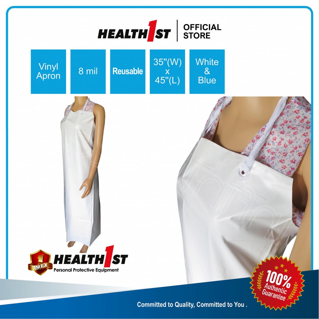 Health1st Vinyl Apron 35"x45" 8 mil Reusable 1pc White/Blue | 围裙塑料重复使用防水防油35"x45" 1个白蓝