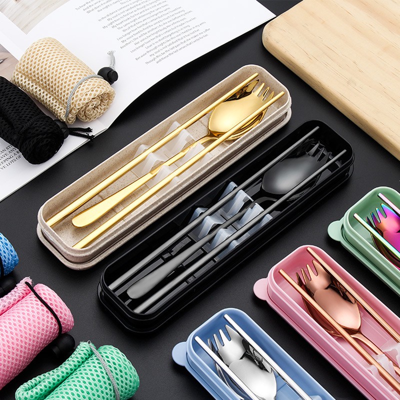Ready Stock 2pcs Reusable Travel Cutlery Set Portable Korean Stainless