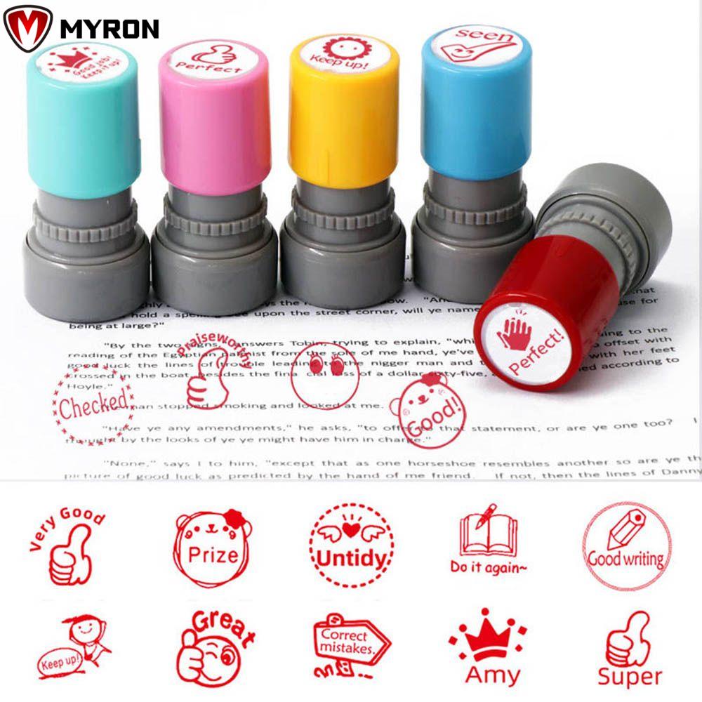 MYRON English Commentary Stamp DIY Teaching stamp Reward Seal Self-ink Photosensitive Chapter Children Toy Stamps Office & School Supplies Scrapbooking Stamper Cartoon Stamps Encouragement