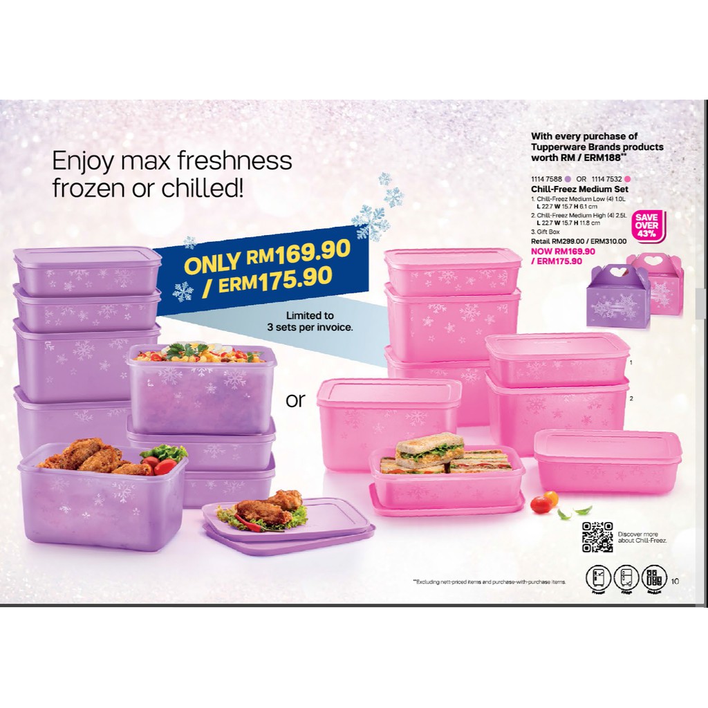 TUPPERWARE CHILL FREEZE MEDIUM SET C/W GIFT BOX / PURPLE / PINK ONLY / (4)1.0L AND (4)2.5L