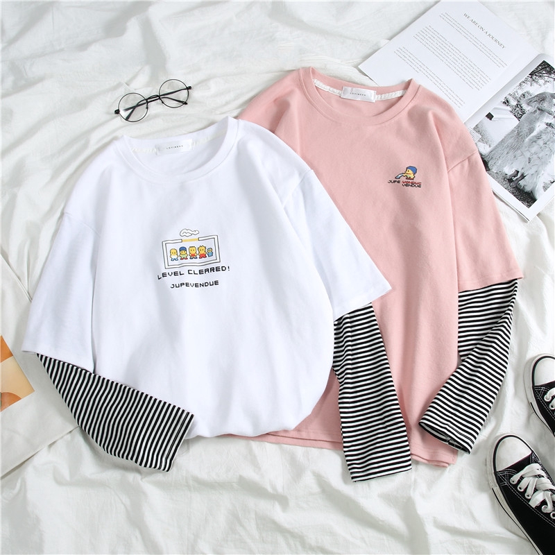 Korean Stripe Sleeve Layered Look Student Breathable Cartoon Print Sanding Long Sleeve Loose T Shirt Shopee Malaysia