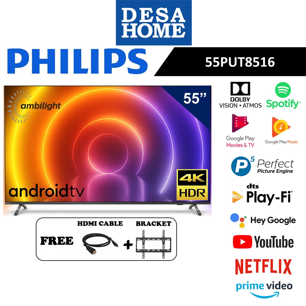 PHILIPS 55PUT8516/68 55" 4K UHD LED ANDROID TV (WITH AMBILIGHT) [ FREE HDMI CABLE & BRACKET ] 55PUT8516