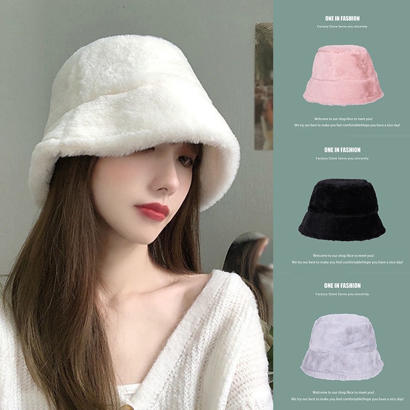 Women Faux Fur Winter Warm Sun Hat 56-58cm Fleece Bucket Hat