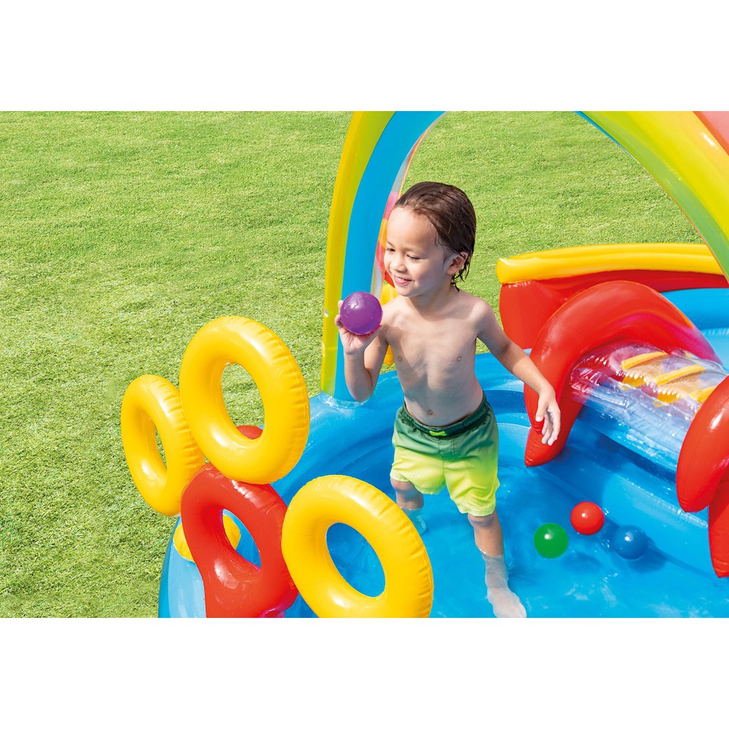 for Ages 2 IN HAND NEW Intex Inflatable Rainbow Ring Play Center 117"x76"x53" 