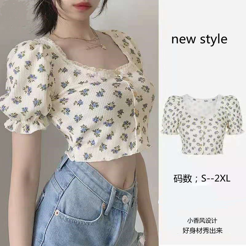 J&M️Ready Stock Women Crop Top Knitwear Lace Edge Floral Short Sleeve Puff Sleeve Elastic Top Korean Style Women Fashion Square Neck Crop Top Shirt