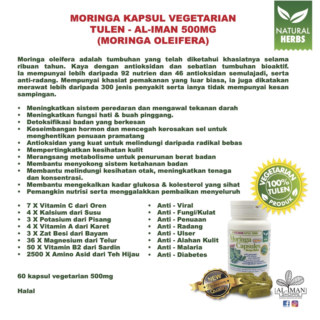 Hot Item Moringa Capsules Vegetarian No Gelatin Kapsul Moringa Vegetarian Tanpa Gelatin Organic Al Iman Shopee Malaysia