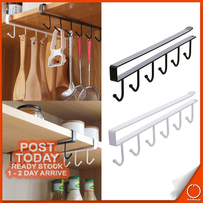 6 Hooks Iron Cups Mug Kitchenware Shelf Hanger Multipurpose Kitchen Cupboard Storage Organizer Rak Dap