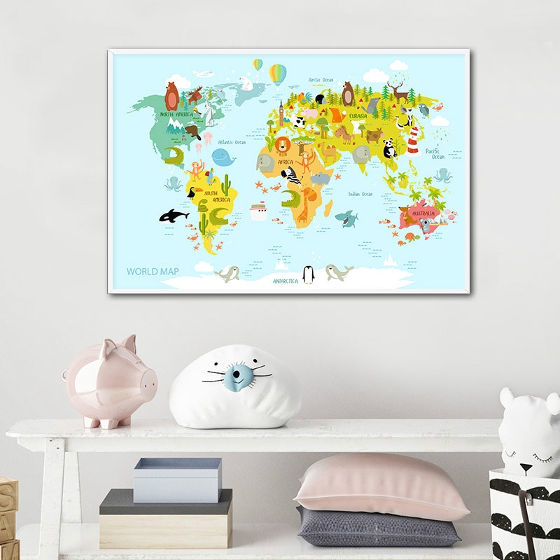 Nursery World Map Canvas Sea Life Continents Animal World Map Picture Children Poster Nursery Wall  Art Canvas Painting | Shopee Malaysia