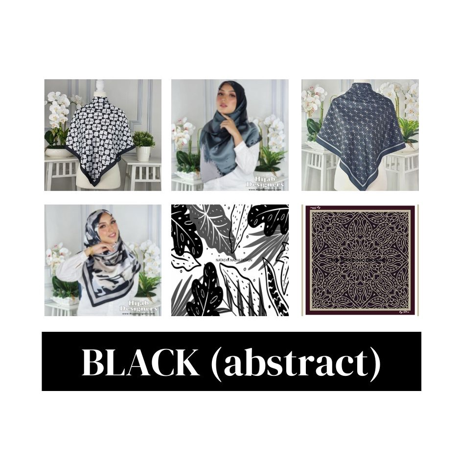 HIJAB DESIGNERS SHADE BLACK HITAM ABSTRACT BAWAL BIDANG 40 45 48 50 53 55 58 SILK COTTON CREPE CHIFFON