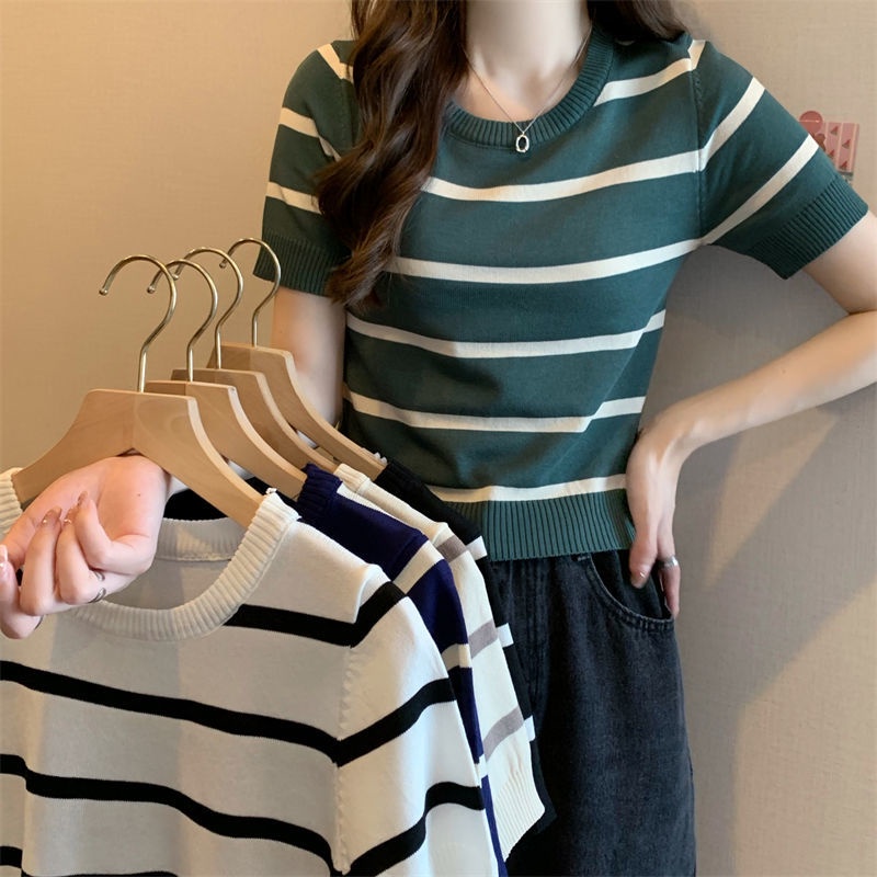 Women's Short Sleeve T-shirt Female Korean Knitwear Knitted Round Neck Summer Stripe Tshirt Women Clothes