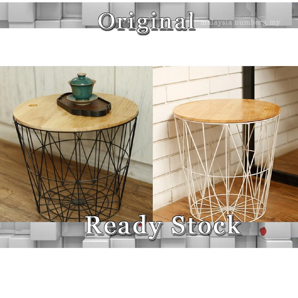 White Black Metal Wire Basket Wooden Top Side Table Storage Loft Home Shopee Malaysia