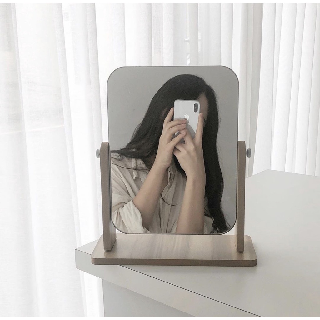 【Howe.my】 Makeup Mirror Ins style Wooden 360 Rotateable Mirror Cermin Solek Kayu Boleh Diputar