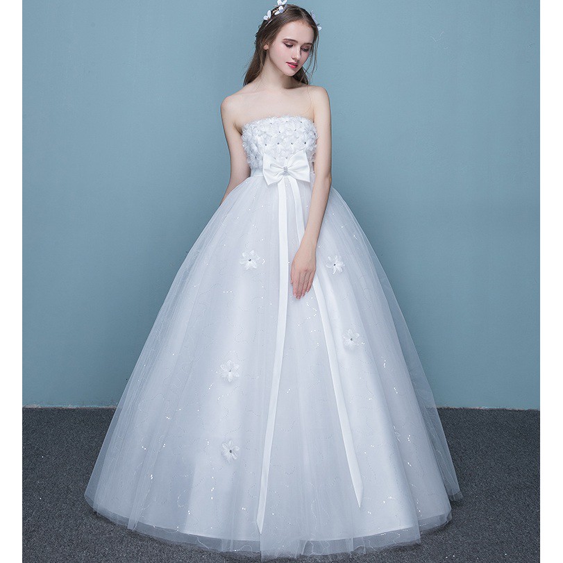 Beaunique Strapless Floral Rhinestone Beaded Top Ribbon White Gown