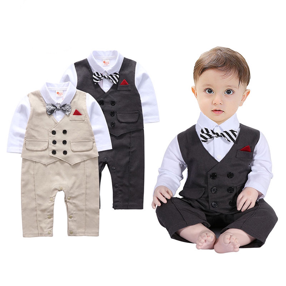 Baby Boy Wedding Party Tuxedo Suits Bowtie Romper One-Piece Outfit 0-24M NEWBORN 
