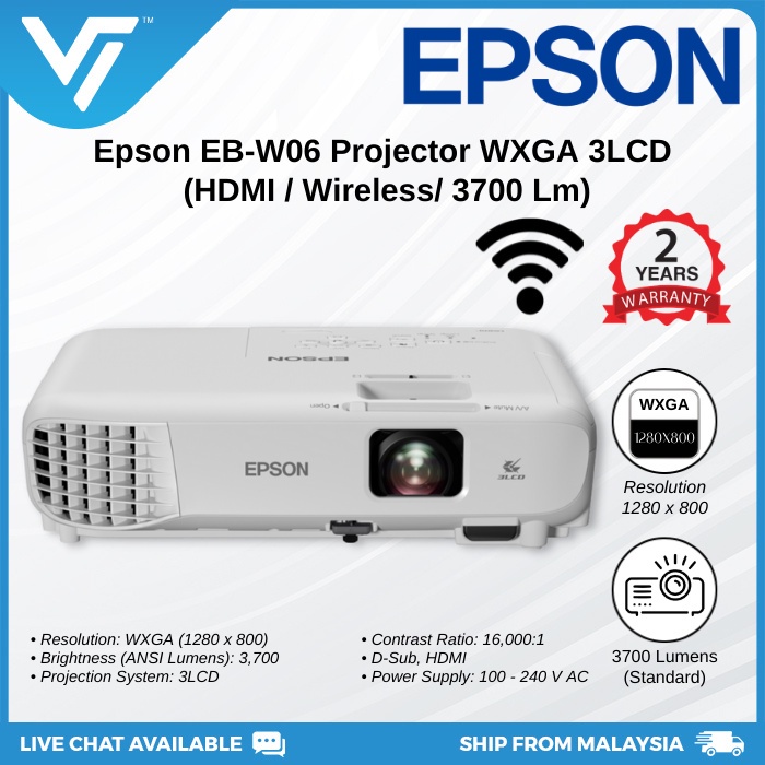 Epson EBW06 Projector (WXGA 1280 x 800, 3700 Lumens, 3LCD, Wireless, HDMI, 2Y) Shopee Malaysia