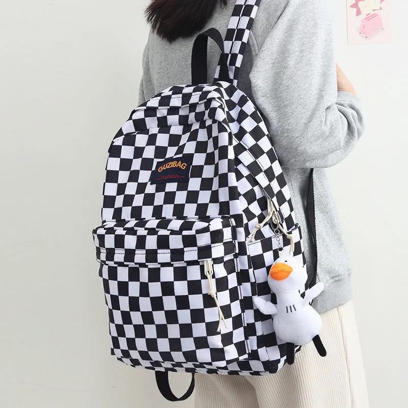 Schoolbag Versatile Japanese Vintage Backpack Checkerboard Trendy Student