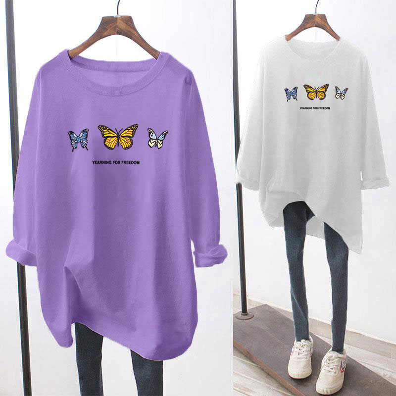Butterfly M 5xl 6 Color Plus Size 2020 Korean Long Sleeve T Shirt Blouse Baju Women Autumn Summer Loose Oversized Printing Lengan Panjang Perempuan Tshirt Shirt Cloth Kemeja Labuh Viral Bigsize Ulzzang
