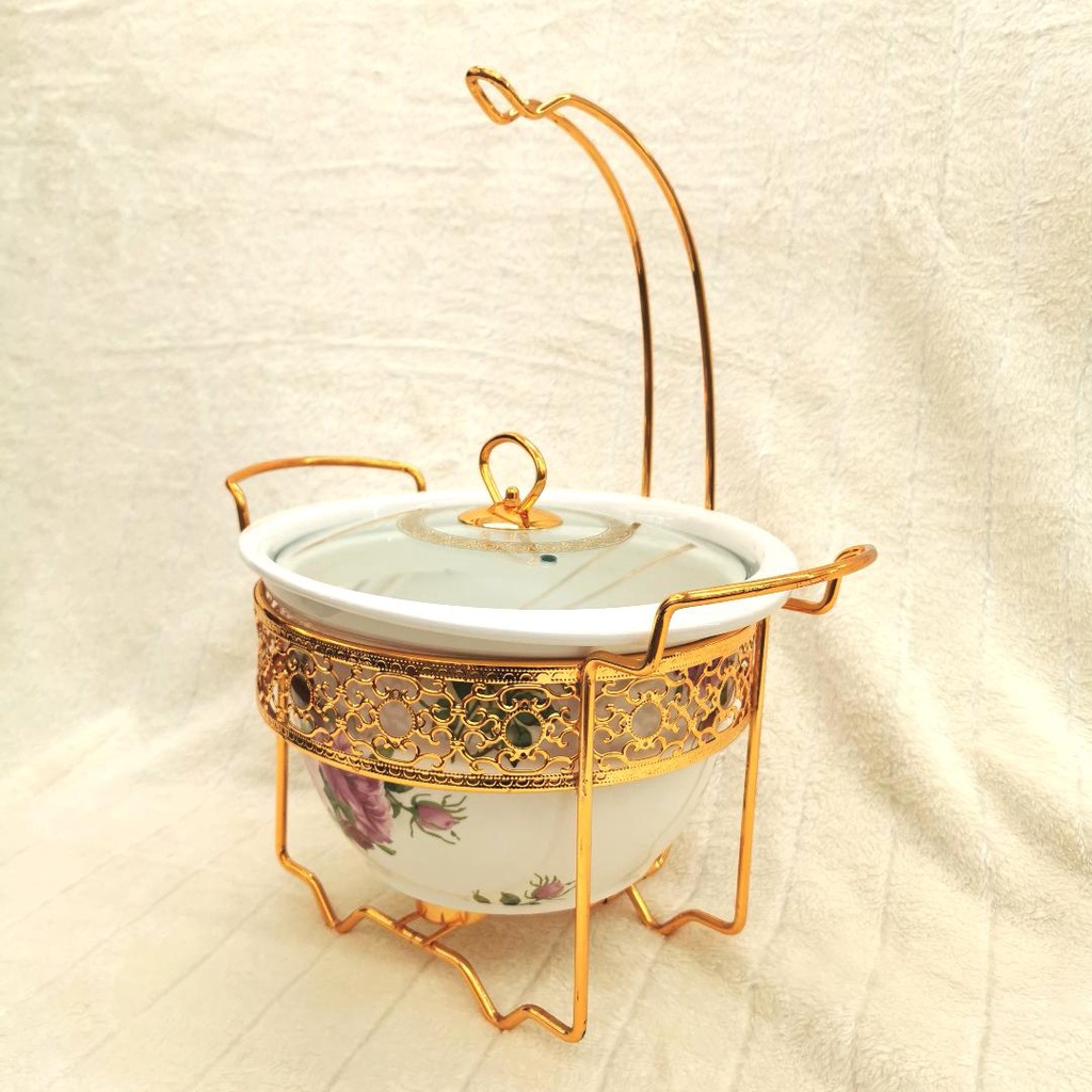 PINK ROSE 11" Porcelain Deep Round Pendulum Casserole with Gold Stand / Buffet Set / Food Warmer / Party Set  CX2469