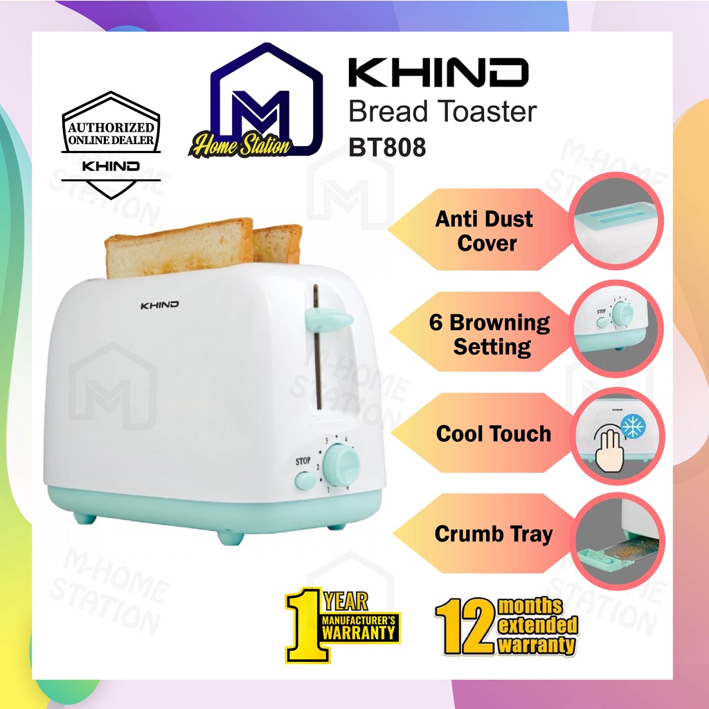 Khind 2 Slices Cool Touch Bread Toaster with Anti-Dust Cover BT-808 / BT808  Pembakar Roti Elektrik