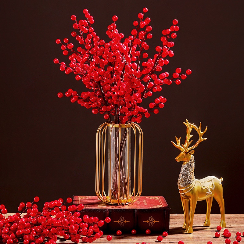 Artificial Red Berries Fake Flowers Fruits Rich Fruit Berry Stems Crafts Floral Bouquet for Home Wedding Christmas Tree Decoration