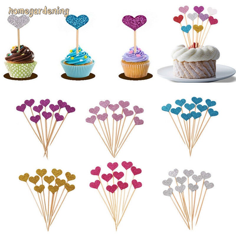 10pcs Birthday Cupcake Toppers Love Heart Party Decor Baby Shower Wedding Cake x 