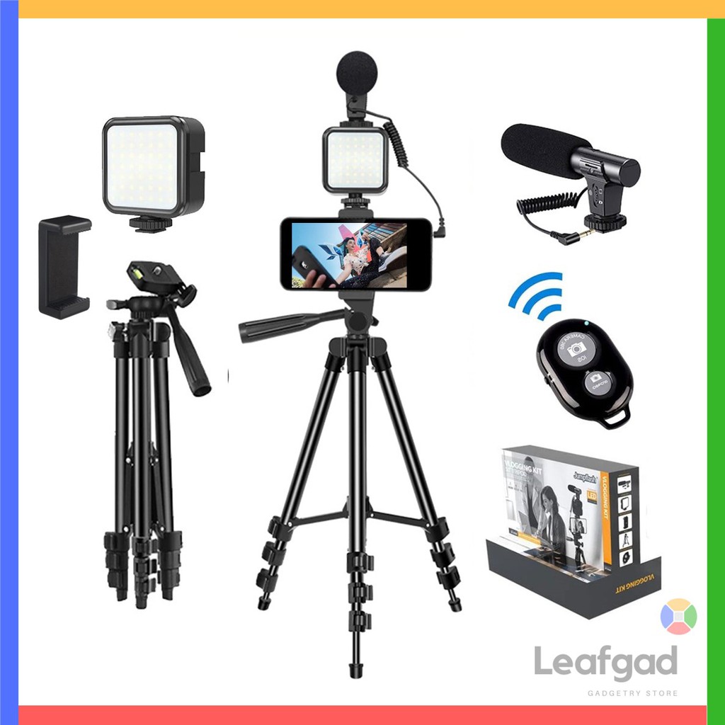 [READY STOCK] 5 IN 1 MOBILE VLOG KIT Smartphone Tripod Phone Holder Shotgun Microphone Bluetooth Shutter LED Light R LM