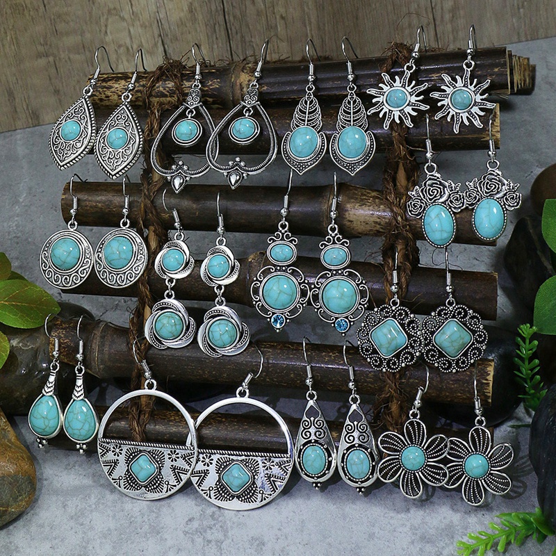 Trendy Hollow Turquoise Water Drop Earrings for Women Hangers Bohemian Vintage Flower Silver Color Earrings Fashion Jewelry