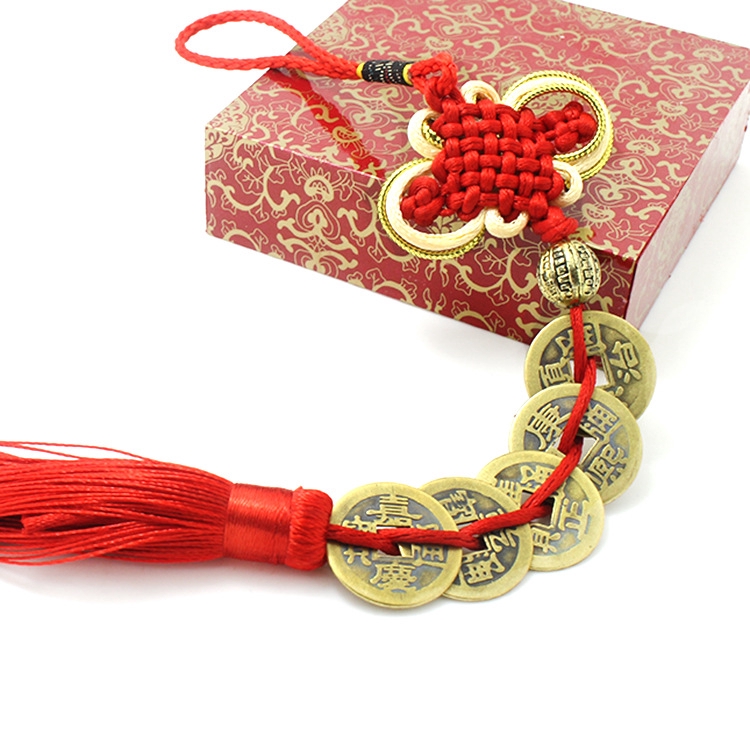 Kawayii Red Chinese Knot Feng Shui Lucky Charm Ancient I Ching Copper Coins Prosperity Protection Good Fortune Home