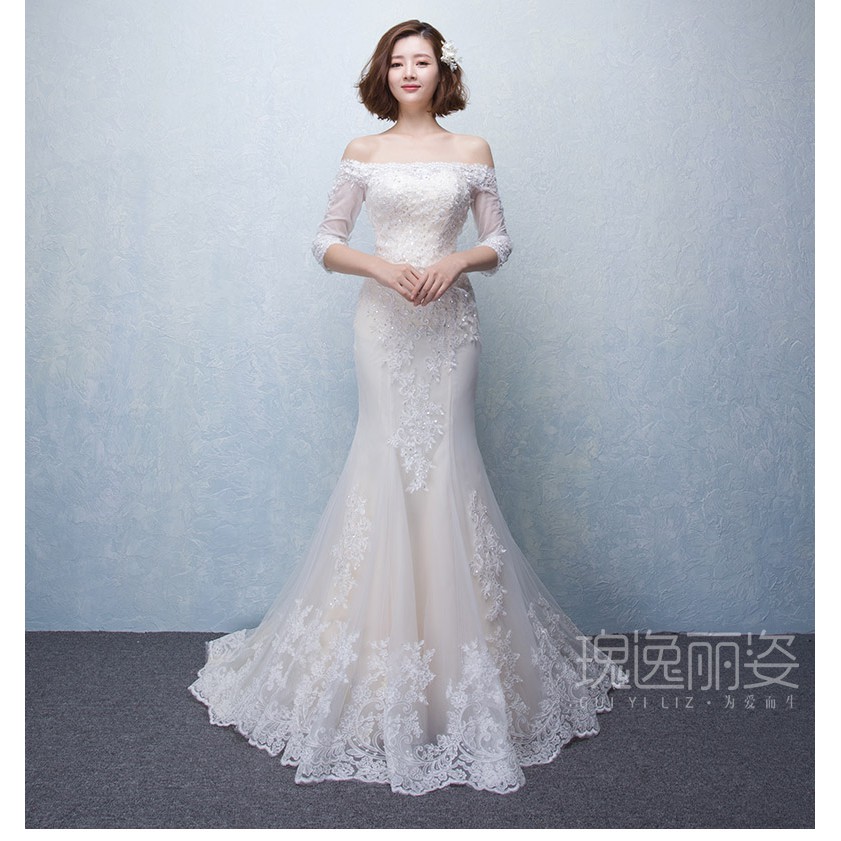 Po White Off Shoulder Fishtail Mermaid Wedding Bridal Prom Gown