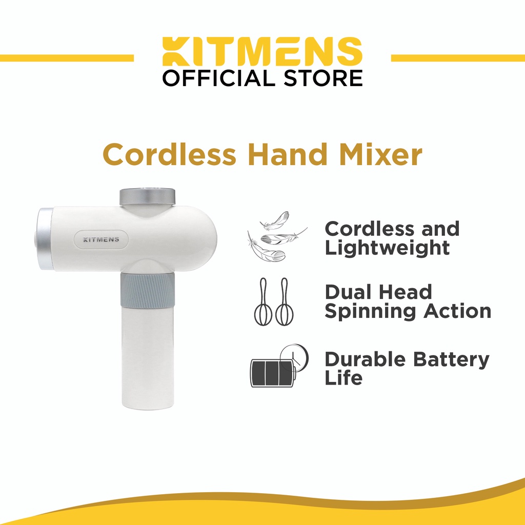 Kitmens KM-HM2 Wireless Cordless White Hand Mixer Small Lightweight Portable Handheld Mixer 6 Speed With Whisk & Beater