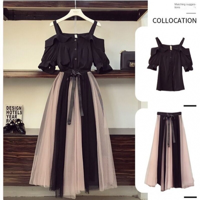 Fashionable plus size women's dress 2022 new spring and summer dress was thin and thin and fat sister dress two-piece suit.