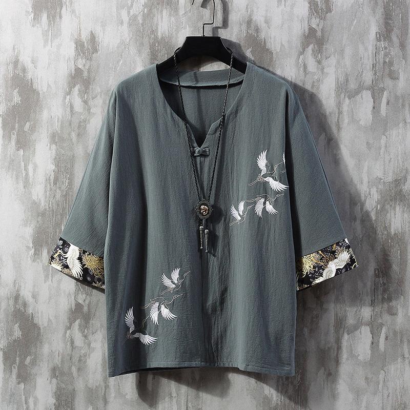 Antique hanfu T-shirt male thin model of Chinese wind menswear flax short sleeve summer cranes embroiderybig yardstang古风汉服t恤男夏季薄款中国风男装亚麻短袖仙鹤刺绣大码唐装