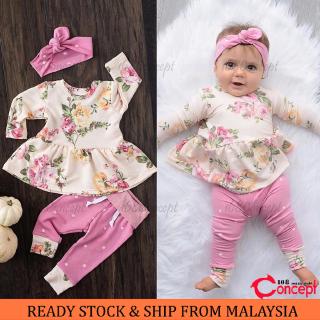 3pcs/set Newborn Baby Girl Floral Tops Dress+ Leggings + Head Band Clothes Set Baju Murah Baby Dress