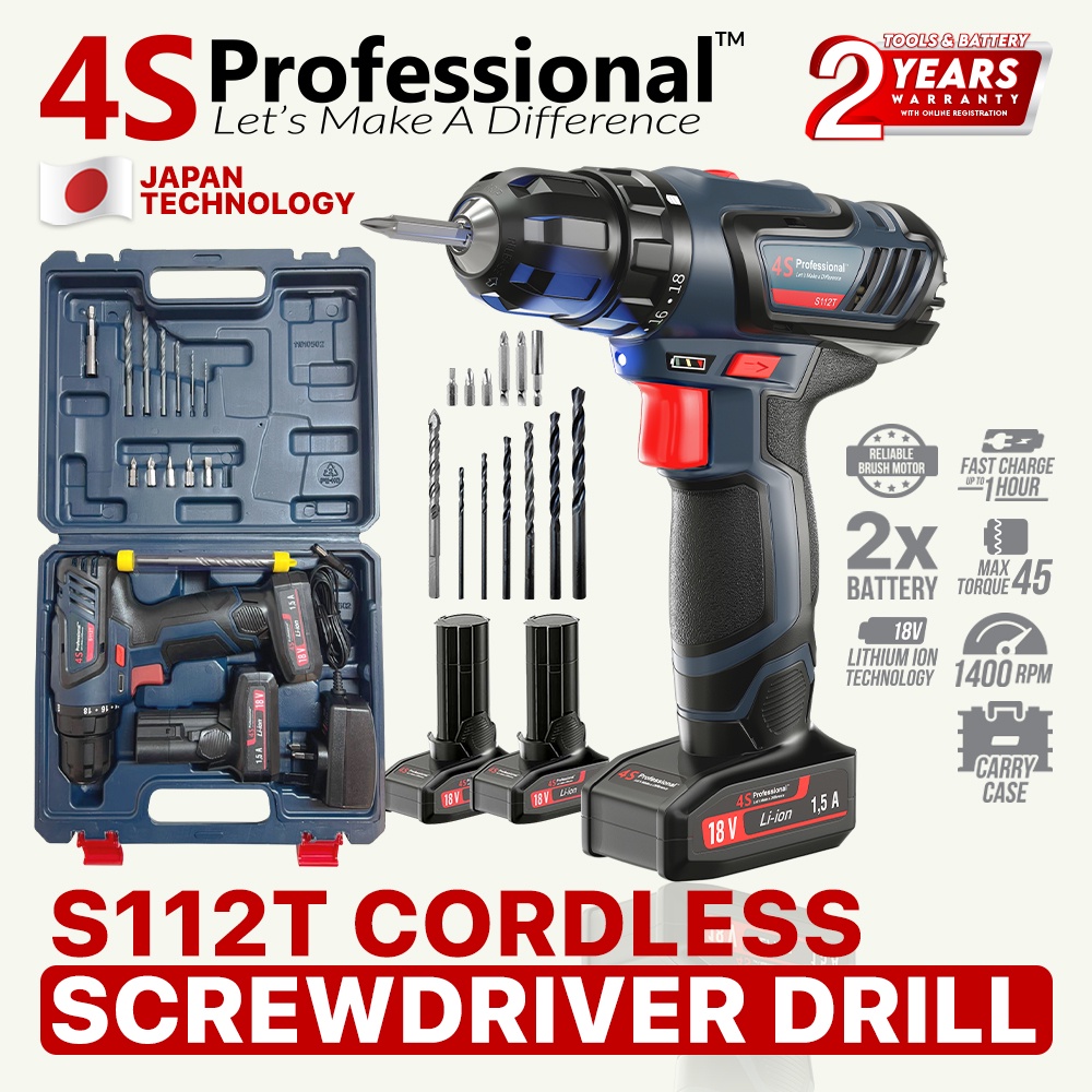 4S Professional? S112T High Torque Cordless Screw Driver Power Drill 18V Batteries (2 Pcs) + Bits Set S112-T