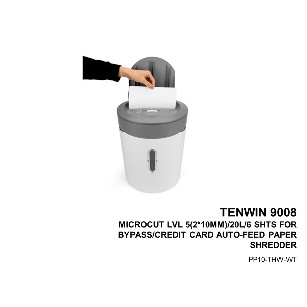 TENWIN 9008 MICROCUT LVL 5(2*10MM)/20L/6 SHTS FOR BYPASS/CREDIT CARD AUTO-FEED PAPER SHREDDER